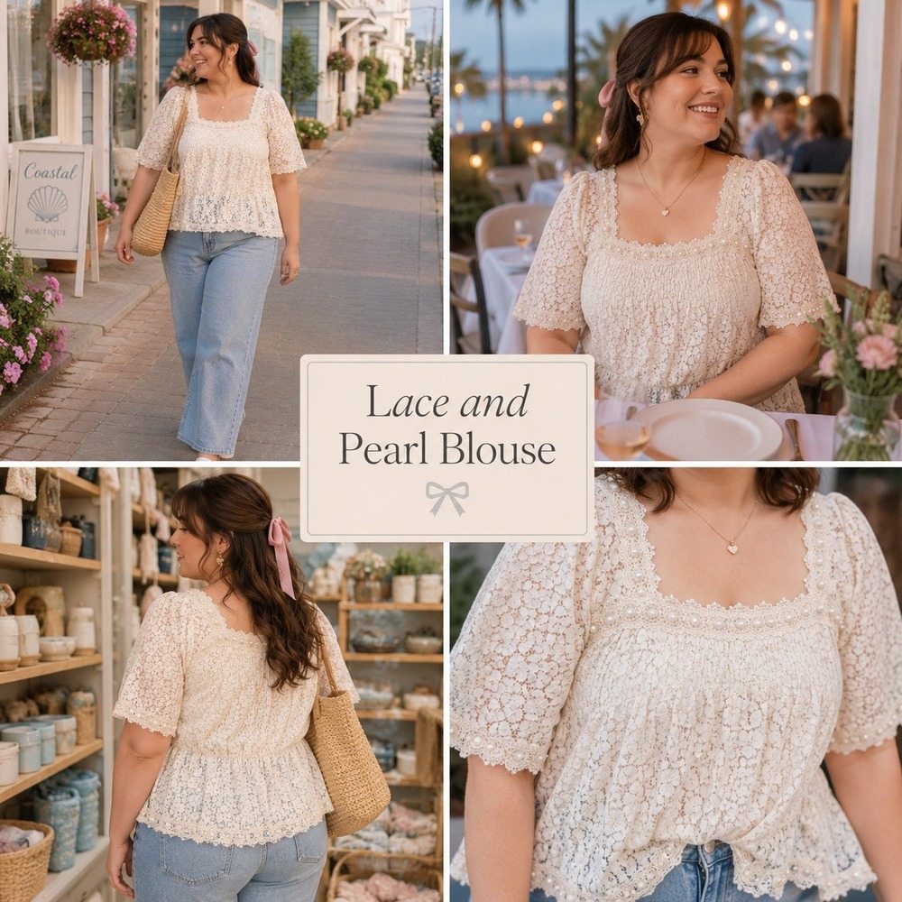 Cream Floral Lace Peplum Blouse Pearl Trim Square Neck Top Womens 1X